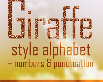 Giraffe pattern alphabet clipart, animal print font, brown and white, capital and small letters, numbers and punctuation; for commercial use