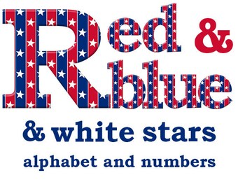 Patriotic digital alphabet, blue, red and white font, 4th of July clipart, capital and small letters, numbers 0-9; for commercial use