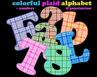 Colorful plaid digital alphabet clipart, gingham font with large and small letters, numbers and punctuation marks; for commercial use