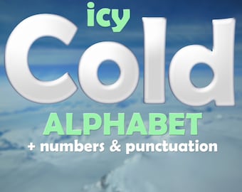 Icy white digital alphabet clipart, printable winter font with capital and small letters, numbers and punctuation marks; for commercial use