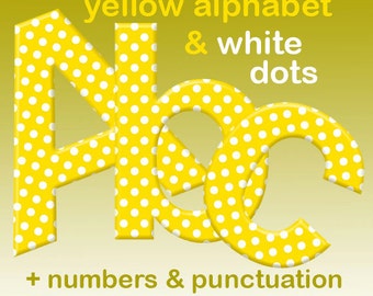 Yellow polka dots digital alphabet clipart, printable font with large and small letters, numbers and punctuation marks; for commercial use