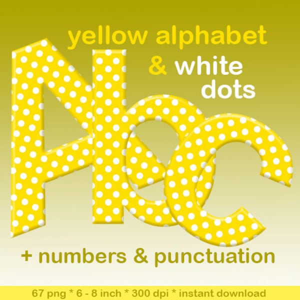 Yellow polka dots digital alphabet clipart, printable font with large and small letters, numbers and punctuation marks; for commercial use