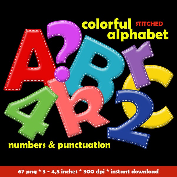 Colorful digital alphabet clipart, stitched printable letters with numbers and punctuation marks in different colours; for commercial use