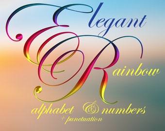 Elegant rainbow digital alphabet clipart, colorful font with capital and small letters, numbers and punctuation marks; for commercial use