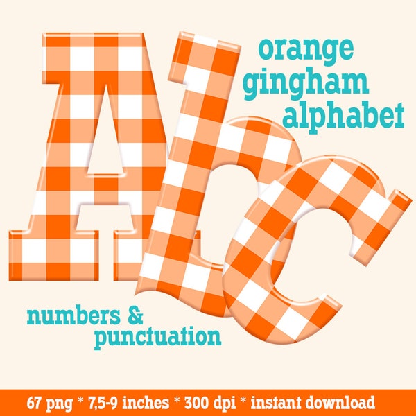 Orange plaid digital alphabet clipart, gingham font with large and small letters, numbers and punctuation marks; for commercial use