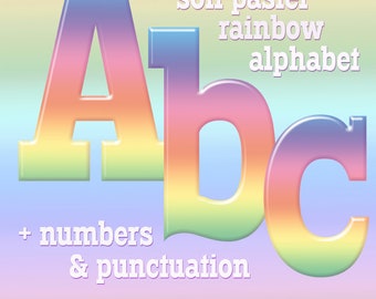 Pastel rainbow digital alphabet clipart, colorful font with capital and small letters, numbers and punctuation marks; for commercial use