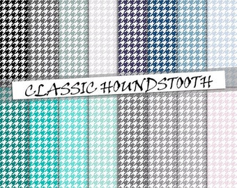 Houndstooth digital paper, printable houndstooth patterns, tweed patterned grey, blue and torquoise backgrounds; for commercial use