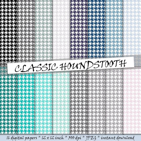 Houndstooth digital paper, printable houndstooth patterns, tweed patterned grey, blue and torquoise backgrounds; for commercial use