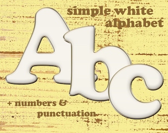 White digital alphabet clipart, printable font with large and small letters, numbers and punctuation marks; for commercial use