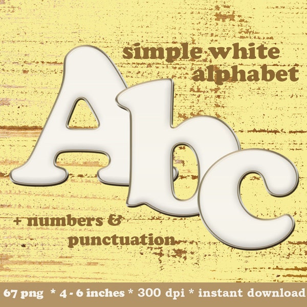 White digital alphabet clipart, printable font with large and small letters, numbers and punctuation marks; for commercial use