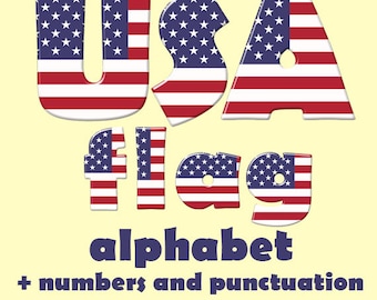 American flag alphabet clipart, patriotic blue red and white 4th of July font, with letters, numbers, punctuation; for commercial use