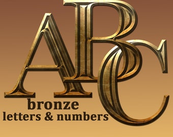 Bronze metal alphabet clipart, printable digital metal font with uppercase and lowercase letters and numbers; for commercial use