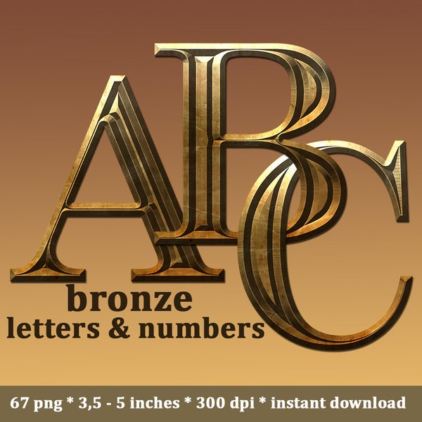 Bronze metal alphabet clipart, printable digital metal font with uppercase and lowercase letters and numbers; for commercial use