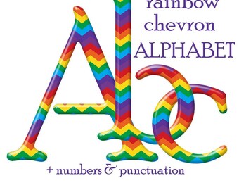 Chevron rainbow alphabet clipart, colorful chevron font with capital and small letters, numbers and punctuation marks; for commercial use