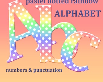 Pastel dotted rainbow alphabet clipart, polka dots colorful font, with small and large letters, numbers and punctuation; for commercial use