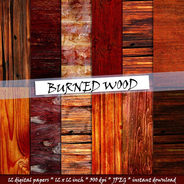 Burned wood digital paper, printable wood grain texture, dark brown wood backgrounds; for commercial use