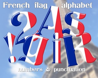 French flag digital clipart alphabet, blue white and red striped printable font with letters, numbers and punctuation; for commercial use