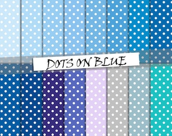 Dots on blue digital paper: patterns with  white polka dots on bluish toned backgrounds; for commercial use