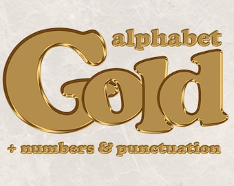 Pure gold digital alphabet, golden clipart font with capital and small letters, numbers and punctuation marks; for commercial use