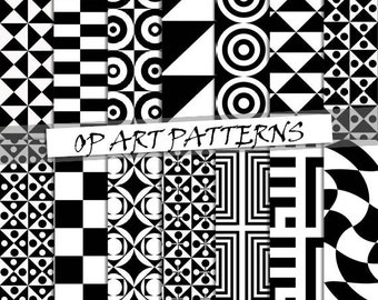 Retro digital paper, op art patterns, geometric patterns, black and white digital papers, retro scrapbook paper; for commercial use