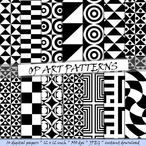 Retro Digital Paper, Op Art Patterns, Geometric Patterns, Black and White  Digital Papers, Retro Scrapbook Paper for Commercial Use 