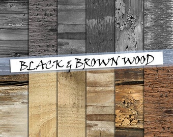 Wood digital paper - Black and brown wood - Distressed wood - Wood grain background - Black wood texture; for commercial use