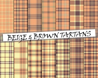 Brown and beige tartan pattern digital paper: 14 seamless scottish plaid patterns in brown and cream tones; for commercial use