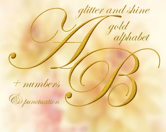 Glitter and shine gold digital alphabet clipart, golden font with large and small letters, numbers and punctuation marks; for commercial use