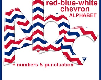 Chevron red white blue digital alphabet, patriotic font, capital and small letters, numbers and punctuation marks; for commercial use
