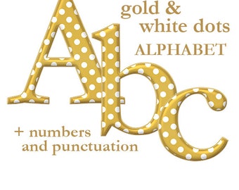 Gold digital alphabet with white dots, dotted clipart font with large and small letters, numbers and punctuation marks; for commercial use