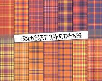 Sunset tartan digital paper, 14 seamless scottish plaid patterns in yellow, orange and purple tones, plaid backgrounds; for commercial use