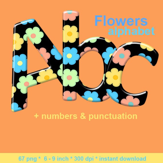 Fleur Alphabet Clipart Lettres De Hippie Imprimable Police Pastel Avec Grandes Et Petites Lettres Chiffres Et Ponctuation Pour Un Usage
