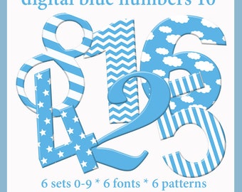 Blue numbers cliparts, baby boy blue numbers in 6 different fonts, with stars, clouds, stripes, chevron pattern; for commercial use