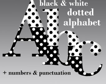 Black and white dotted digital alphabet, dots pattern letters, large and small letters, numbers and punctuation marks; for commercial use