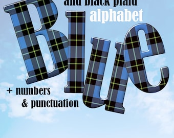 Blue and black plaid digital alphabet clipart, plaid font with large and small letters, numbers and punctuation marks; for commercial use