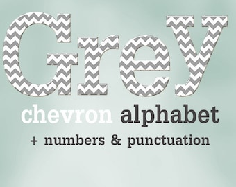 Grey white chevron digital alphabet clipart, printable font with large and small letters, numbers and punctuation marks; for commercial use