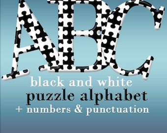 Black and white letters, puzzle alphabet clipart, font with large and small letters, numbers and punctuation marks; for commercial use