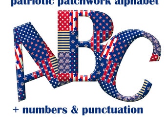 Patriotic patchwork digital alphabet clipart, blue and red font with large and small letters, numbers and punctuation; for commercial use