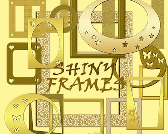 Gold shiny digital clipart frames, golden clipart picture frames; for commercial use