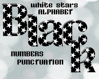 Black digital alphabet with white stars pattern, black font with large and small letters, numbers and punctuation marks; for commercial use