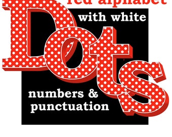 Red with white dots digital alphabet clipart, red polka dots font, with large and small letters, numbers and punctuation; commercial use