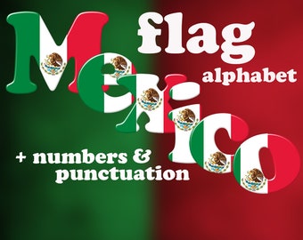 Mexican flag alphabet clipart, green, red and white font, printable large and small letters, numbers and punctuation; for commercial use