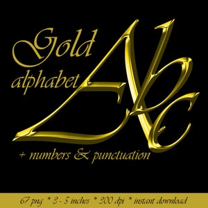 Classy gold digital alphabet clipart, golden printable font with large and small letters, numbers and punctuation marks for commercial use image 1