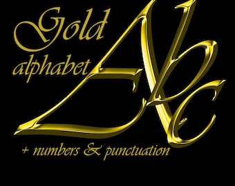Classy gold digital alphabet clipart, golden printable font with large and small letters, numbers and punctuation marks; for commercial use