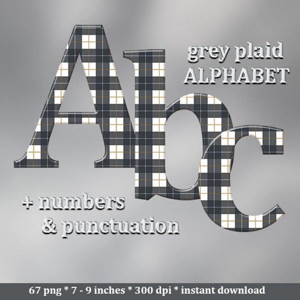 Grey plaid digital alphabet clipart, gingham font, tartan font, capital and small letters, numbers and punctuation marks; for commercial use