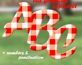 Red and white plaid digital alphabet clipart, red gingham font with large and small letters, numbers and punctuation; for commercial use