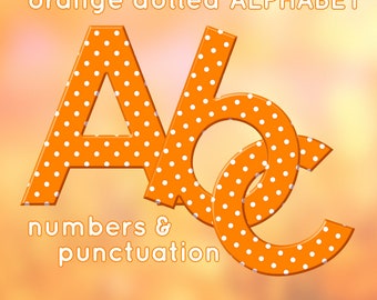 Orange polka dots digital letters clipart, printable font with large and small letters, numbers and punctuation marks; for commercial use