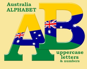 Australia alphabet clipart, Australian flag, green, gold and blue printable font, with uppercase letters and numbers; for commercial use
