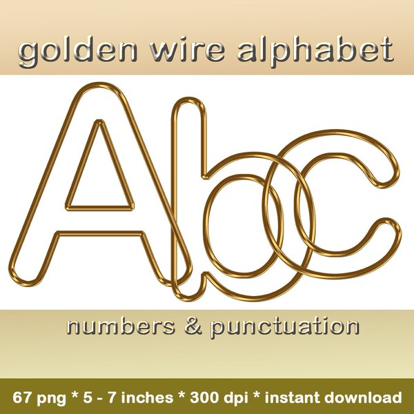 Gold digital alphabet, golden wire clipart font, printable capital and small letters, numbers and punctuation marks; for commercial use