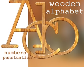 Wooden digital alphabet clipart, brown wood grain font, printable capital and small letters, numbers and punctuation; for commercial use